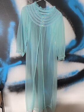 Vintage Queentex Sheer Aqua Blue Vintage Nightgown with Embroidered Yoke